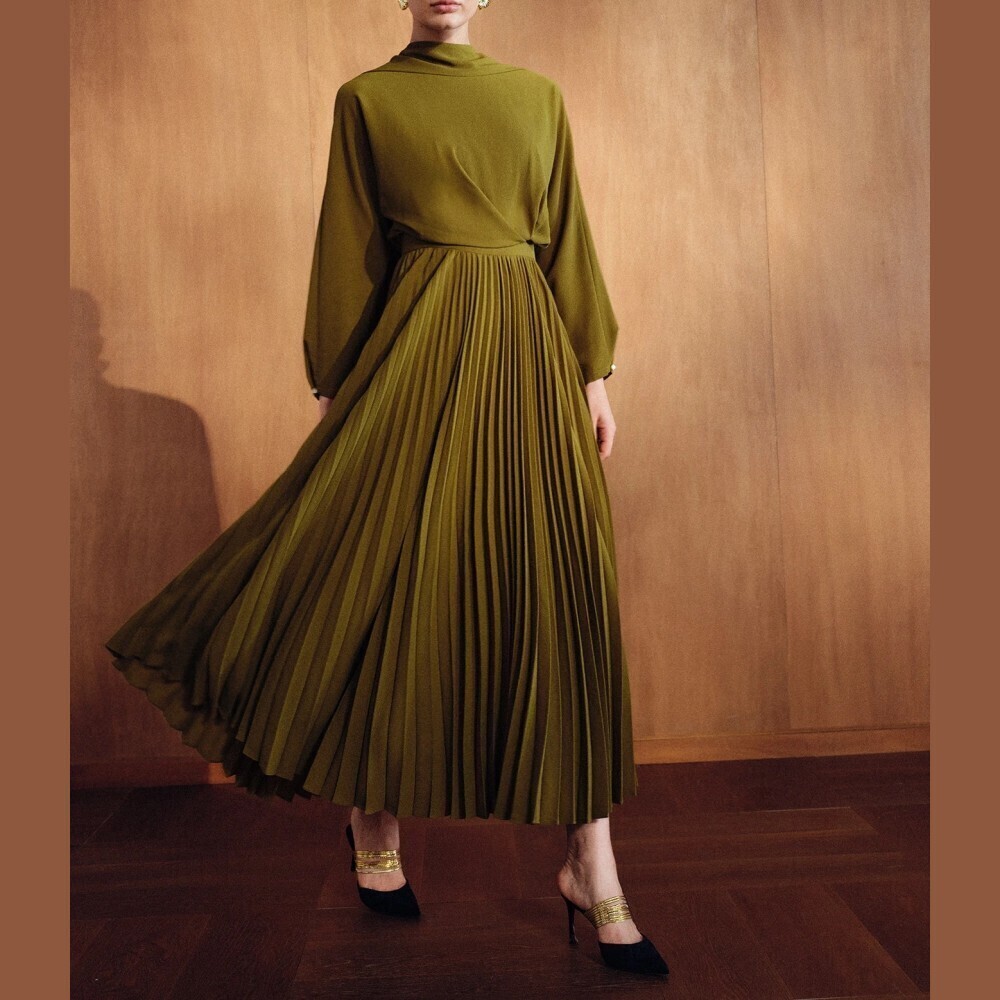 Olive Green Satin Pleated Skirt Long Sleeve Draped Maxi Dress